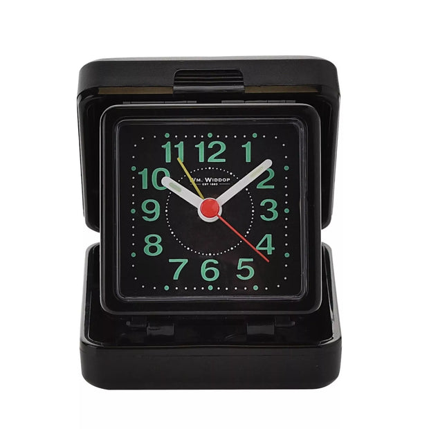Wm Widdop Quartz Travel Alarm Clock - Black Foldable Case