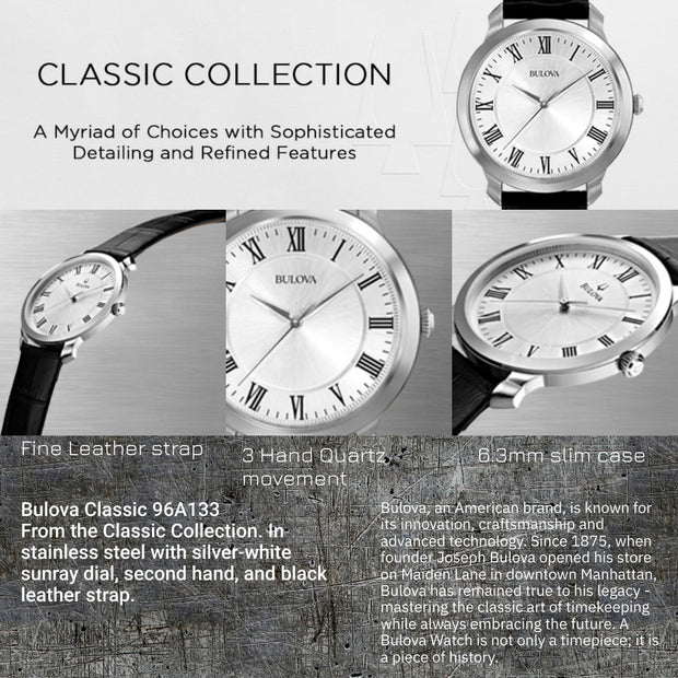 Bulova Classic Quartz Mens Leather Strap Dress Watch 96A133
