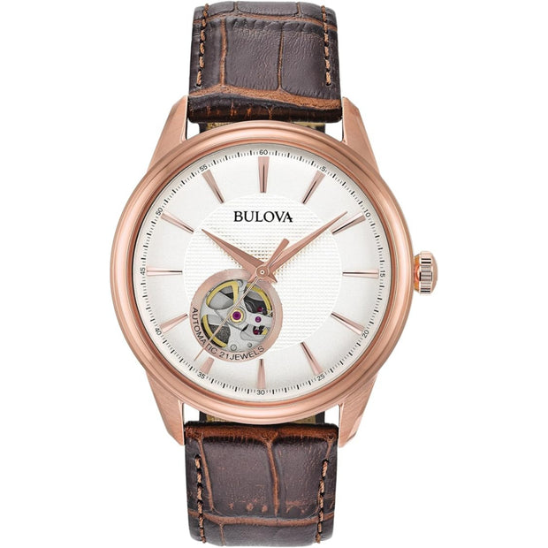 Bulova Mens Automatic Rose Gold Open-Heart Leather Strap Watch 97A133