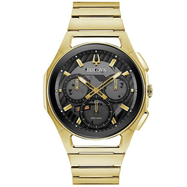 Bulova Curv Chronograph Mens Gold Bracelet Watch 97A144