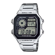 Casio World Time Illuminator Digital Mens Stainless Steel Watch AE-1200WHD-1A