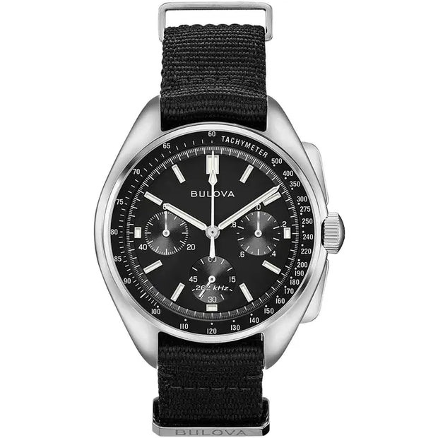 Bulova Lunar Pilot Mens Chronograph Black Nylon Strap Watch 96A225