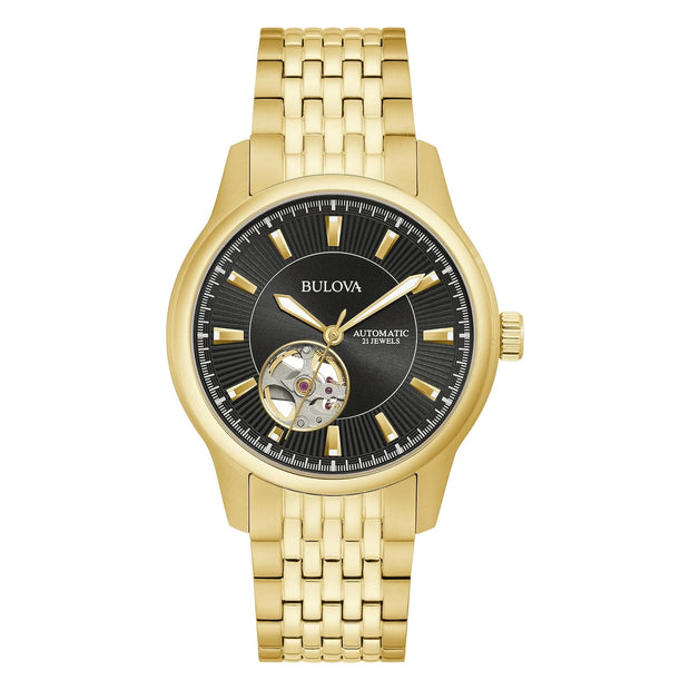 Bulova Mens Gold Tone Automatic Open Heart Stainless Steel Watch 97A168