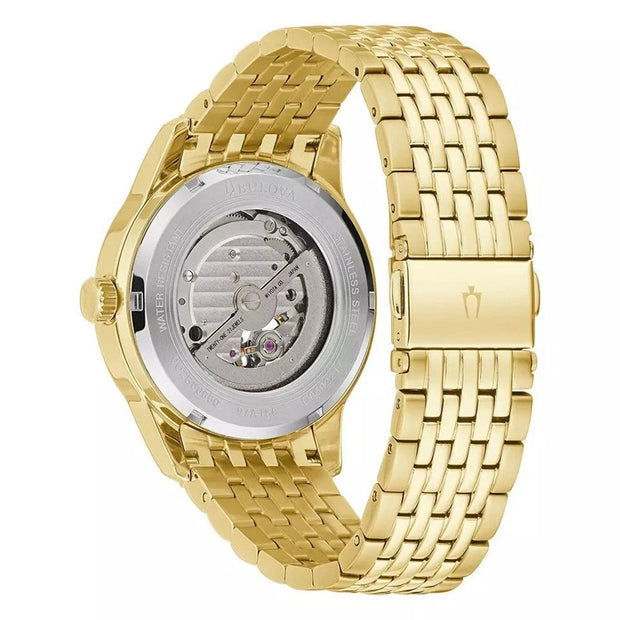 Bulova Mens Gold Tone Automatic Open Heart Stainless Steel Watch 97A168