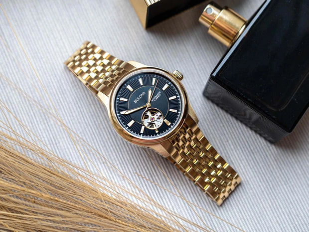 Bulova Mens Gold Tone Automatic Open Heart Stainless Steel Watch 97A168
