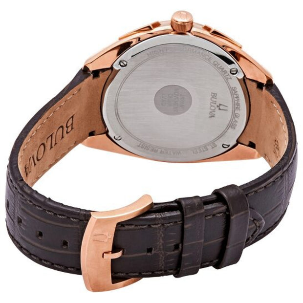 Mens Bulova Curv Chronograph Rose Gold Leather Strap Watch 97A124
